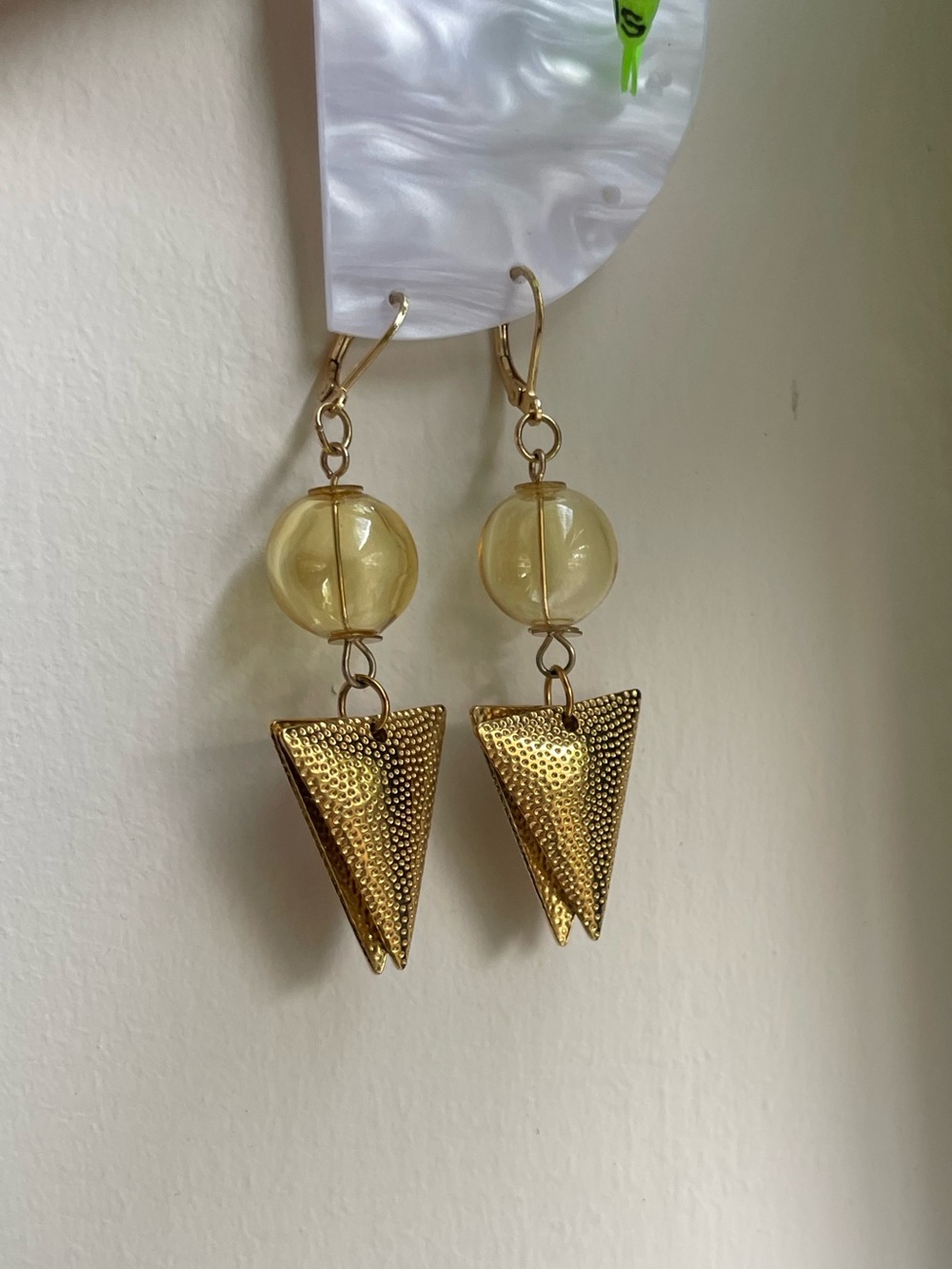 Gold Triangle Drop Earrings with Yellow Glass Beads